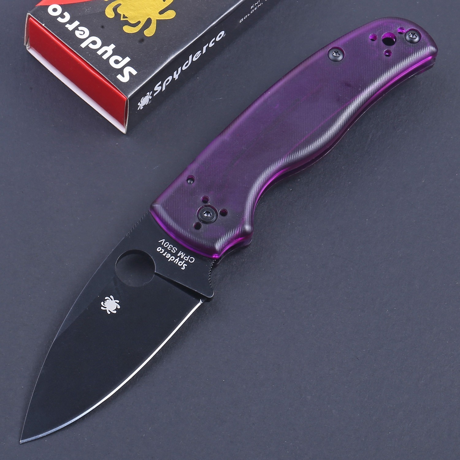 2026 Purple Amber PEI Handle Black Spear Blade Pocket Tactical Knife Shaman C229