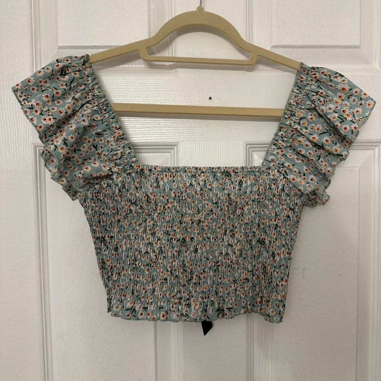 Lulus Floral Smocked Crop Top Ruffle Sleeve Boho Peasant Green Multi Womens M