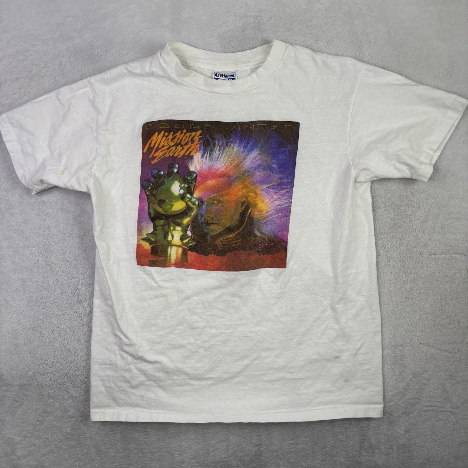 VTG Hanes Edgar Winter Mission Earth Album Band Promo White Shirt Men\'s Large
