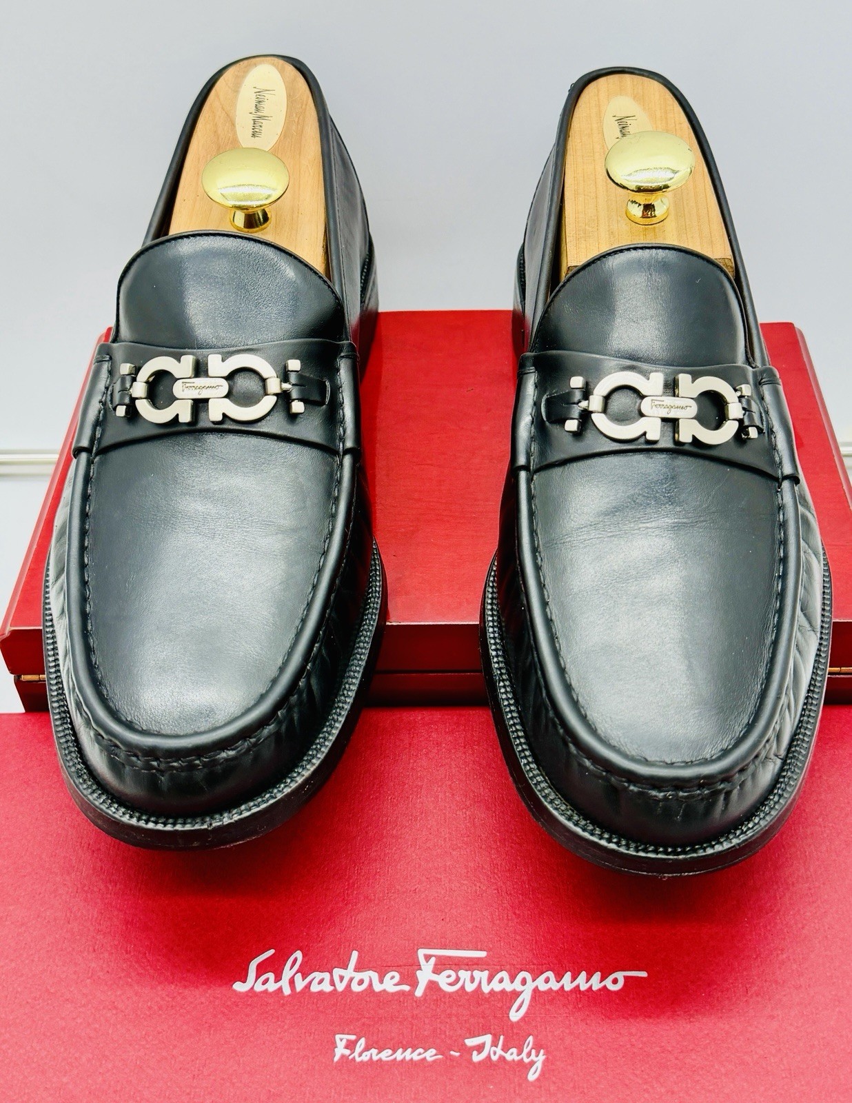 Ferragamo Men\'s Loafers Black 12 EE Wide Silver Gancini Horse Bit Lug Soles
