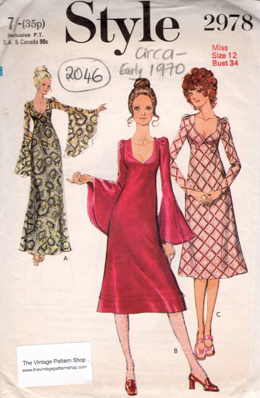 1970 Vintage Sewing Pattern Bust 34in Dress (2046) Style 2978