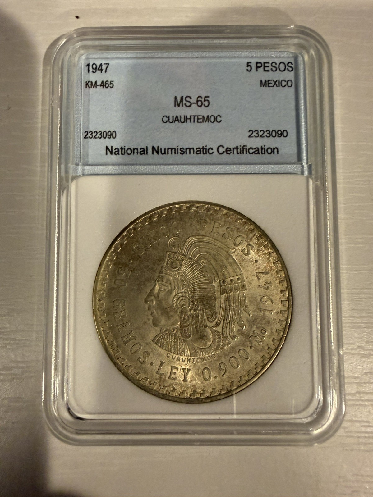 1947 Mo Mexico 5 Pesos Silver Cuauhtemoc KM-465 MS65 NNC Beautiful Tone 90% 1947 Mo Mexico 5 Pesos Silver Cuauhtemoc KM-465 MS65 NNC Beautiful Tone 90%