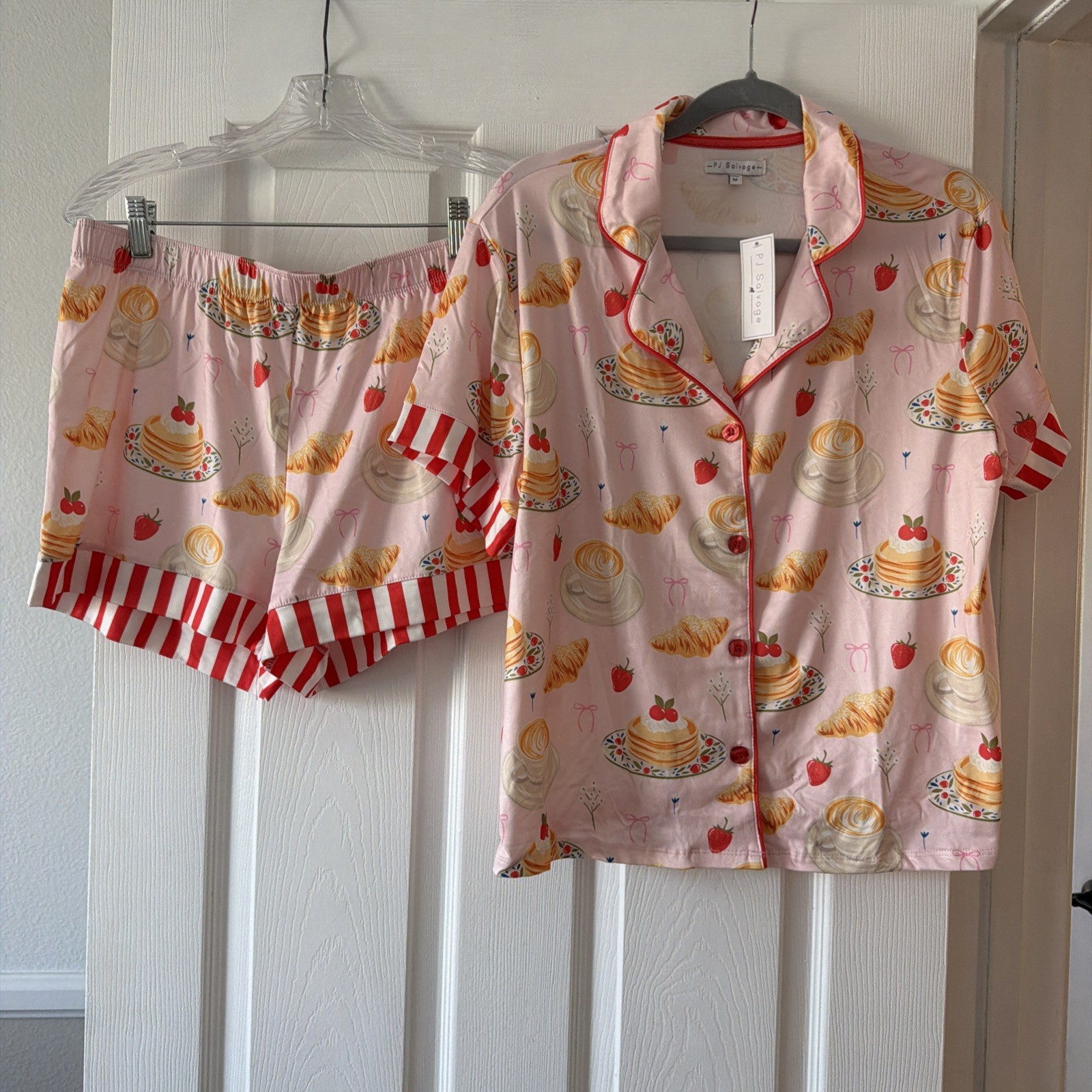 NWT PJ Salvage Whimsical 🍓Breakfast Croissant Coffee Pancake Short Set Pink L