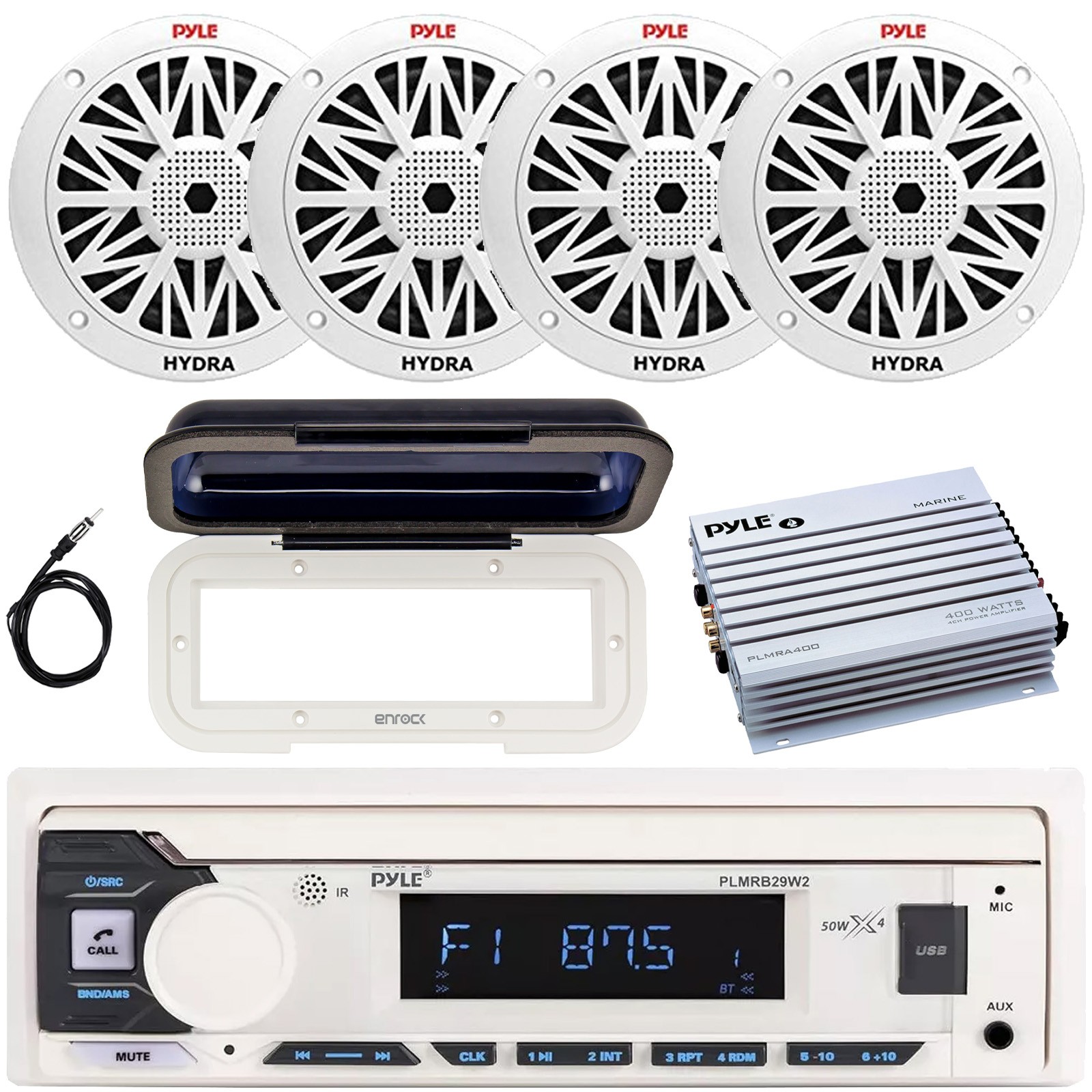 Pyle Marine Audio Dash Stereo Receiver with cover, 4x 6.5'' 200W Speakers, Amp