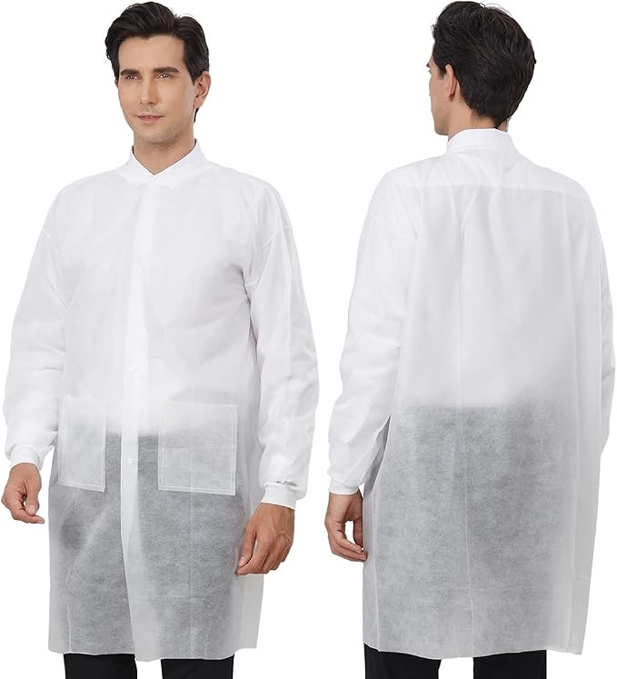 50 PCS Disposable Lab Coats 35GSM White Knitted Cuffs Collar 2 Pockets 4-Snap