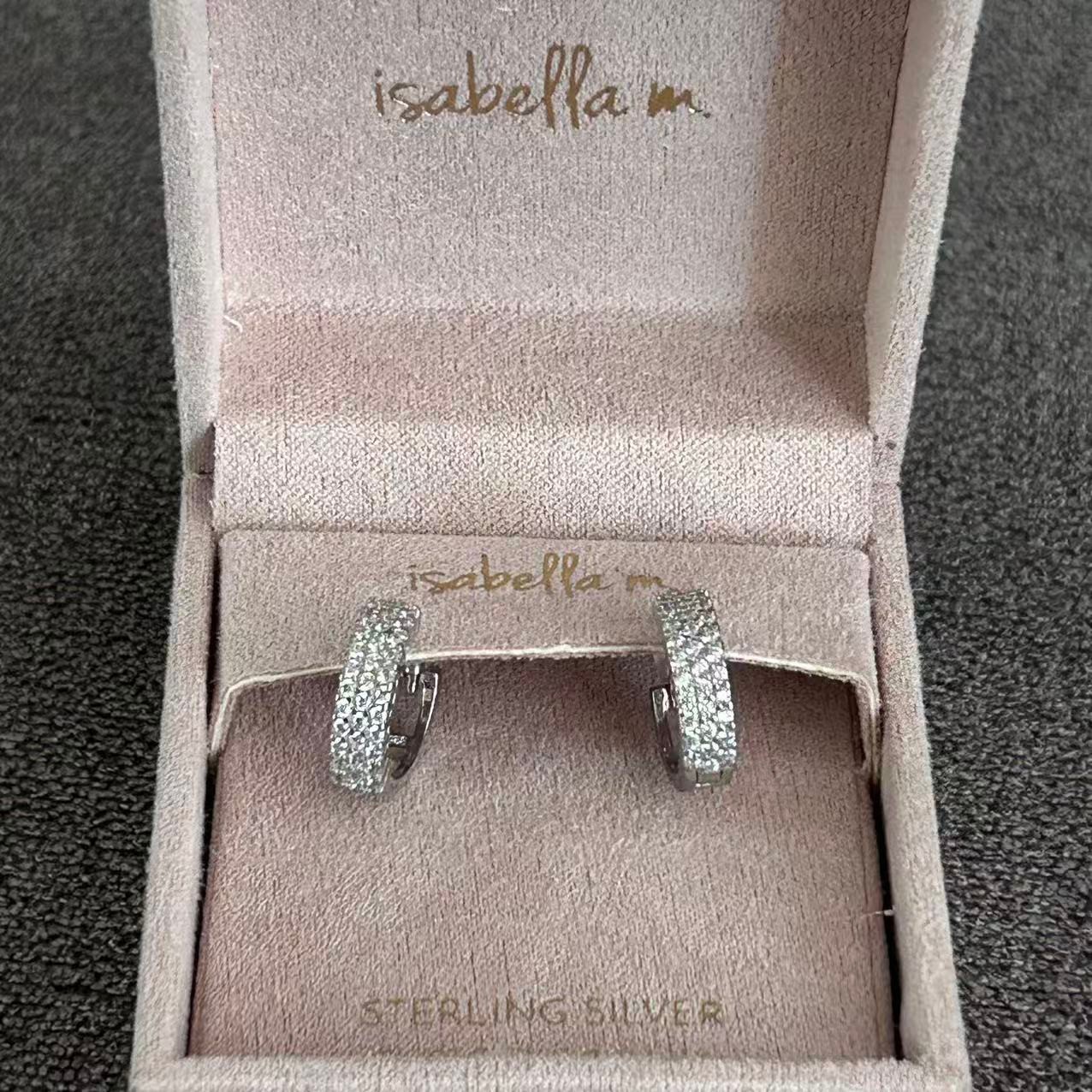 New Isabella M 925 Sterling Silver Pave Crystal Huggie Hoop Earrings Sparkly