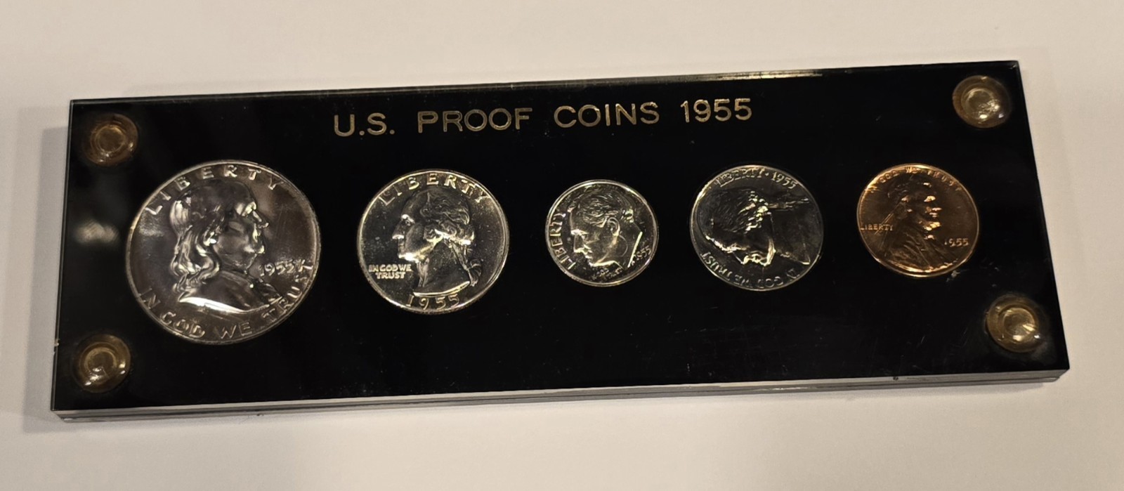 1955 US Mint 90% Silver Proof 5 Coin Set in Vintage Black Capital Holder