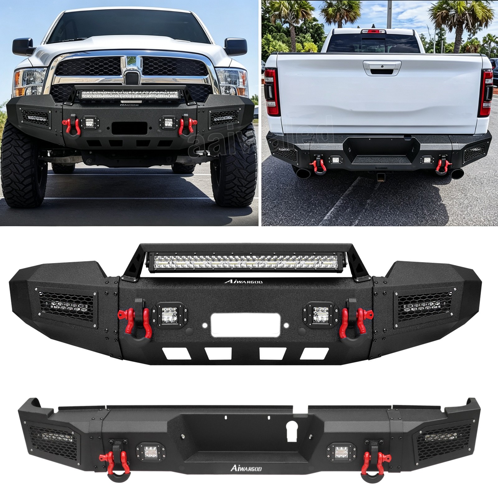 AAIWA Fits 2019-2024 Dodge Ram 2500 3500 Front Rear Bumper w/Winch Plate Lights