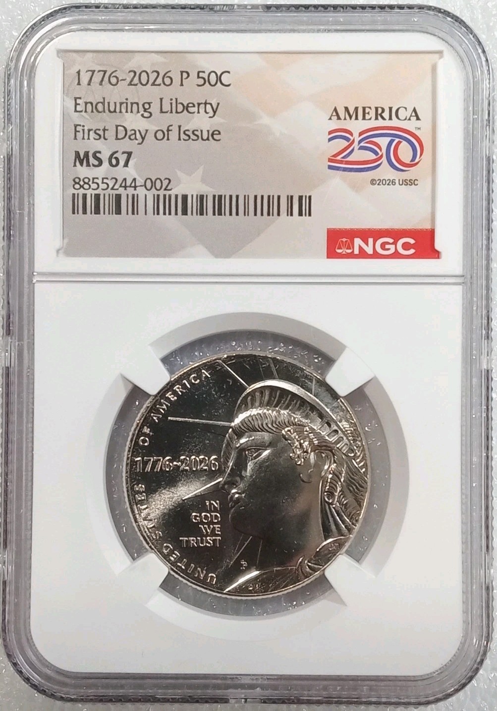 1776-2026 P Enduring Liberty Half Dollar 50C FDOI NGC MS67 - High Grade