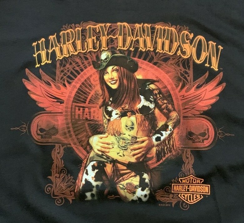 Harley Davidson T Shirt Mens 2XL Black 2012 Tattoo Cowgirl Pin Up Biker Tee NWOT