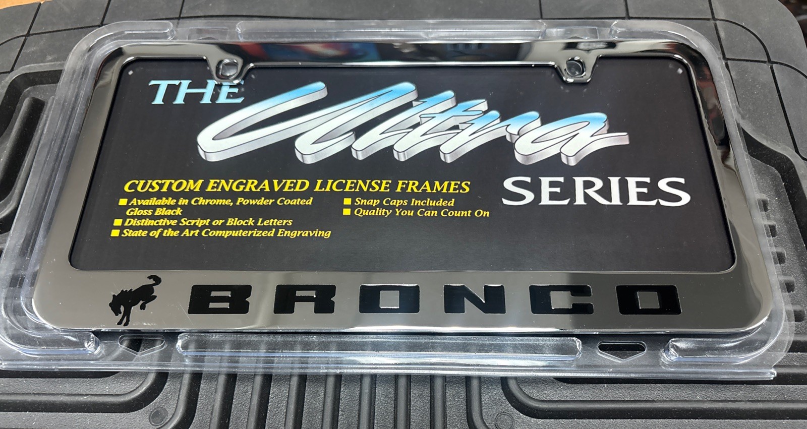 Ford Bronco Stainless Steel Chrome License Plate Frame - Black Lettering OEM