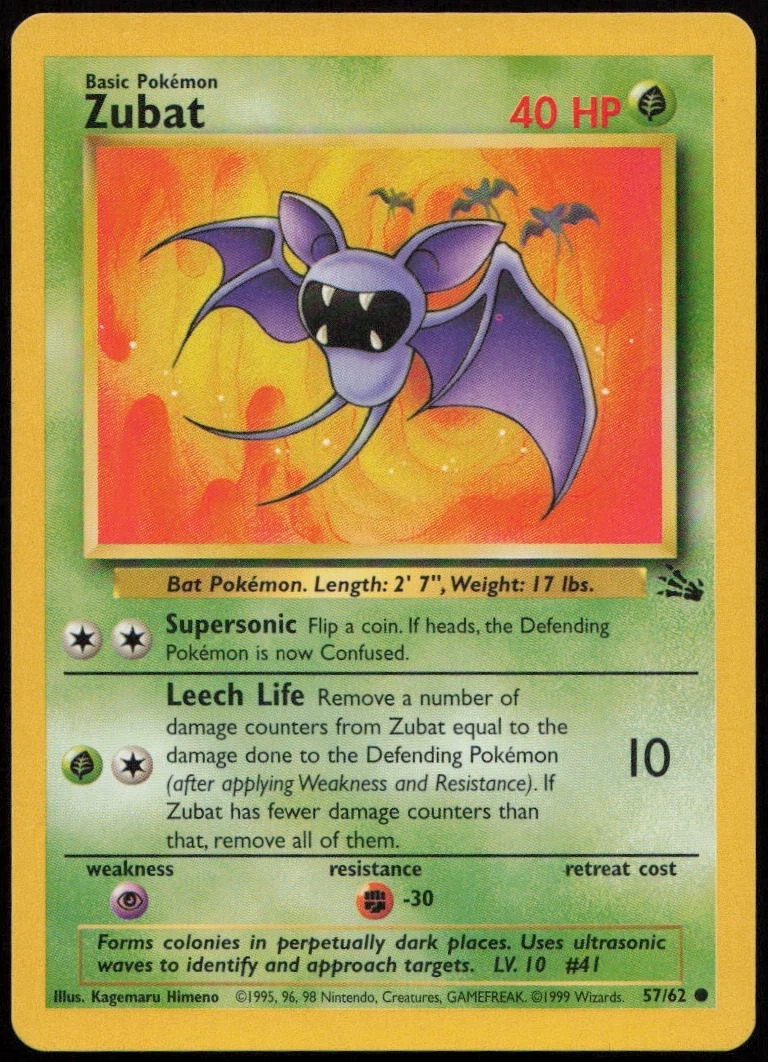 Zubat NM Pokemon 57/62 Fossil Vintage 1999 Common Grass Unlimited Regular Zubat NM Pokemon 57/62 Fossil Vintage 1999 Common Grass Unlimited Regular