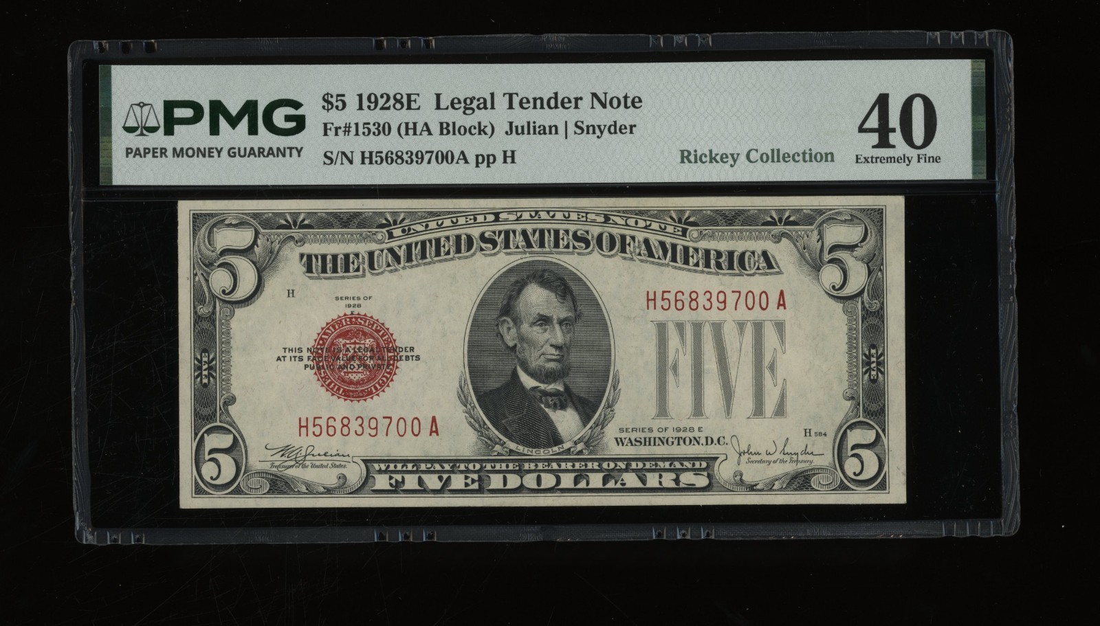 DBR 1928-E $5 Legal Fr. 1530 HA Block PMG XF-40 Serial H56839700A