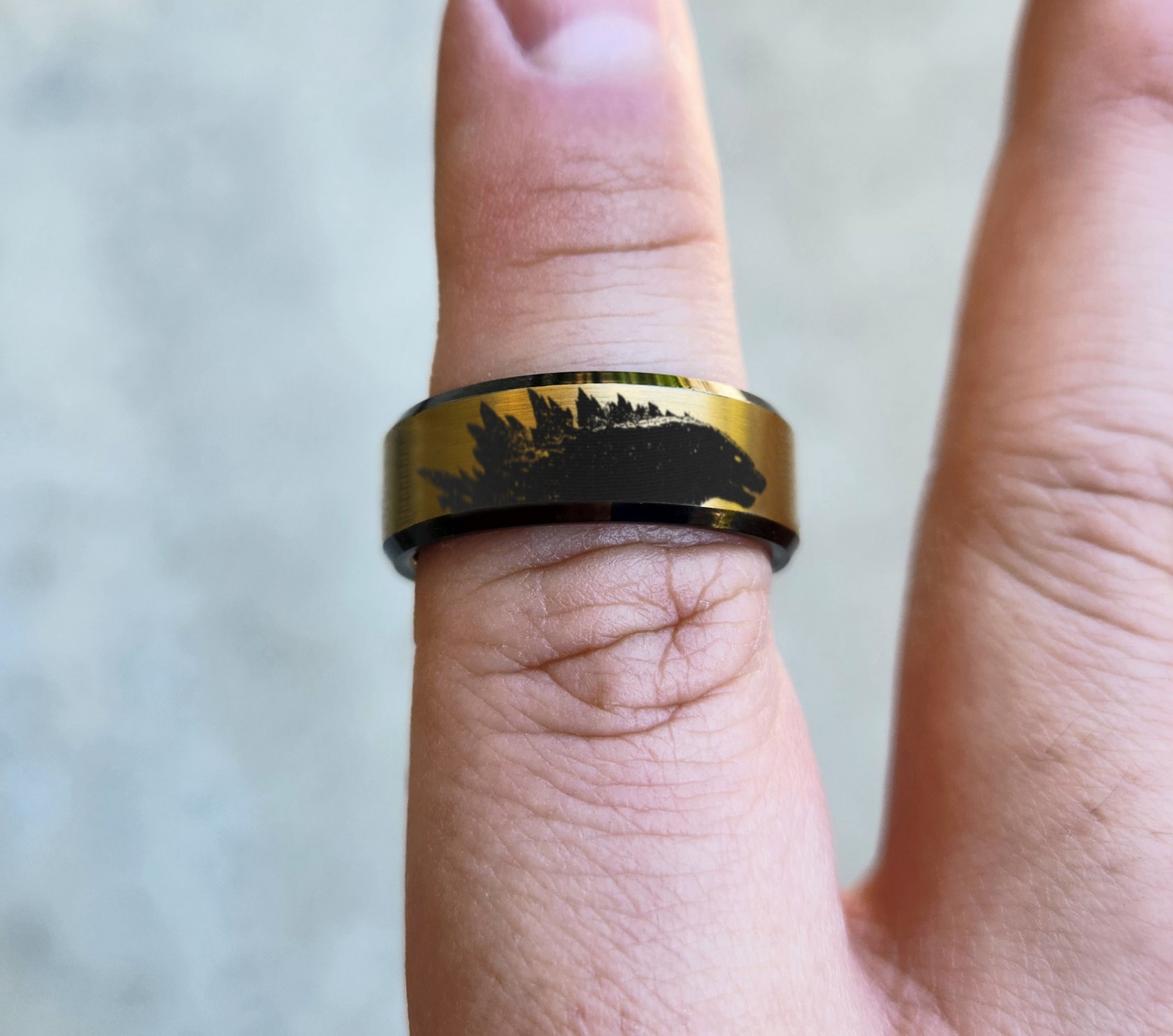 Engraved Tungsten Godzilla Silhouette Minimalist Beveled Edge Ring - 8mm