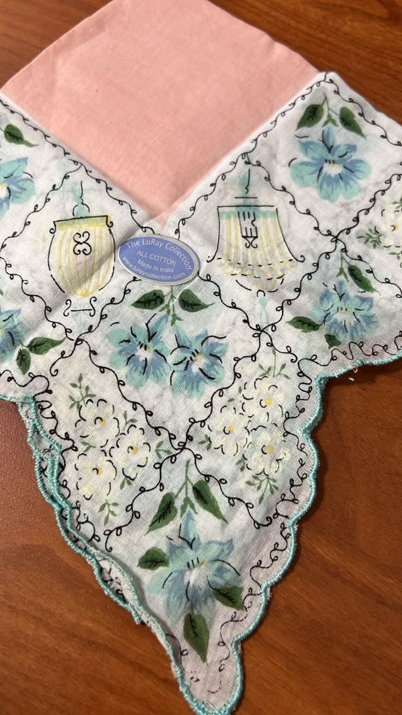 LuRay Handkerchief Pink Blue Flowers Bird Cage Scalloped Edge 14\