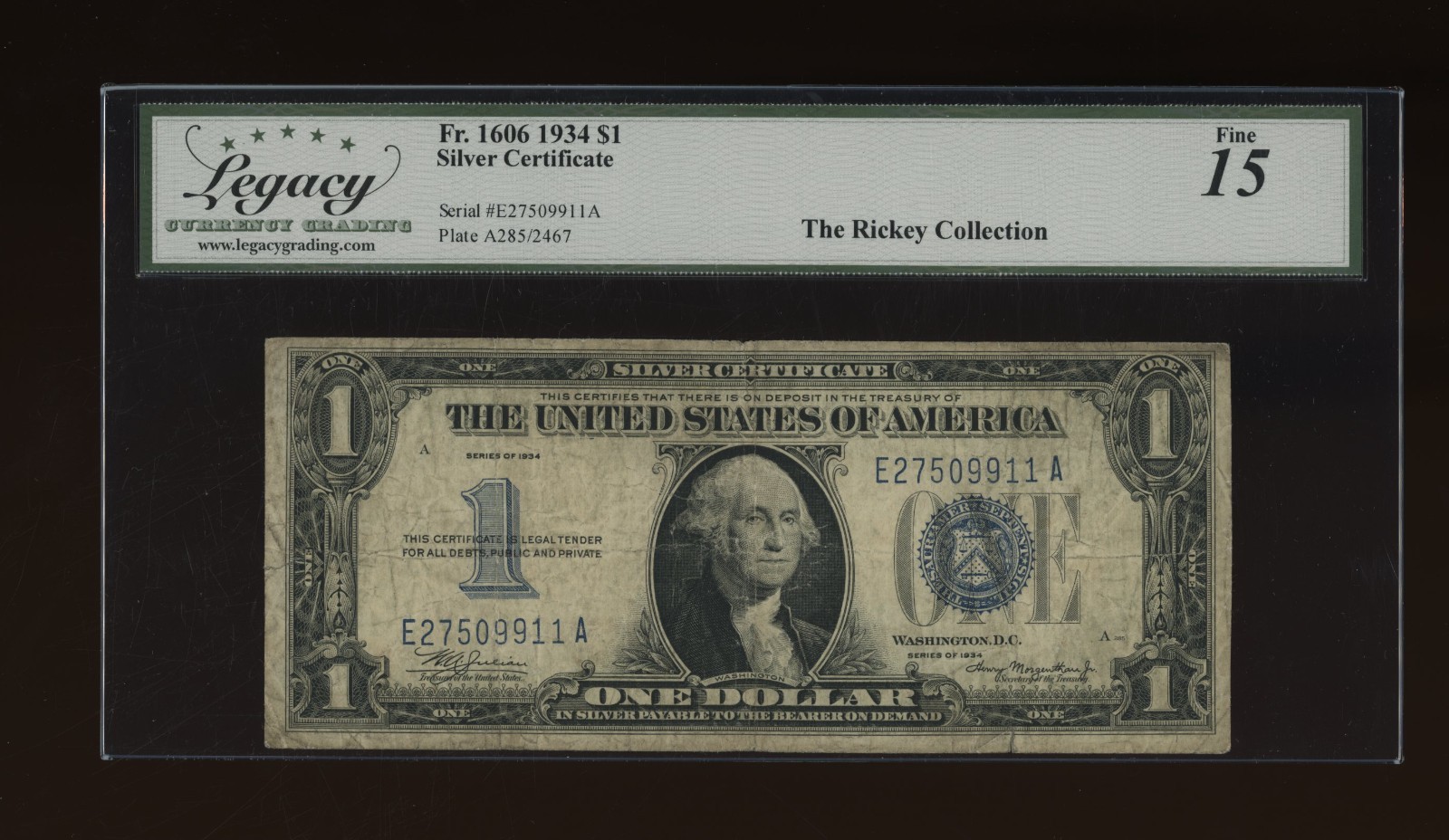 DBR 1934 $1 Silver Funnyback Fr. 1606 EA Block Legacy 15 Serial E27509911A