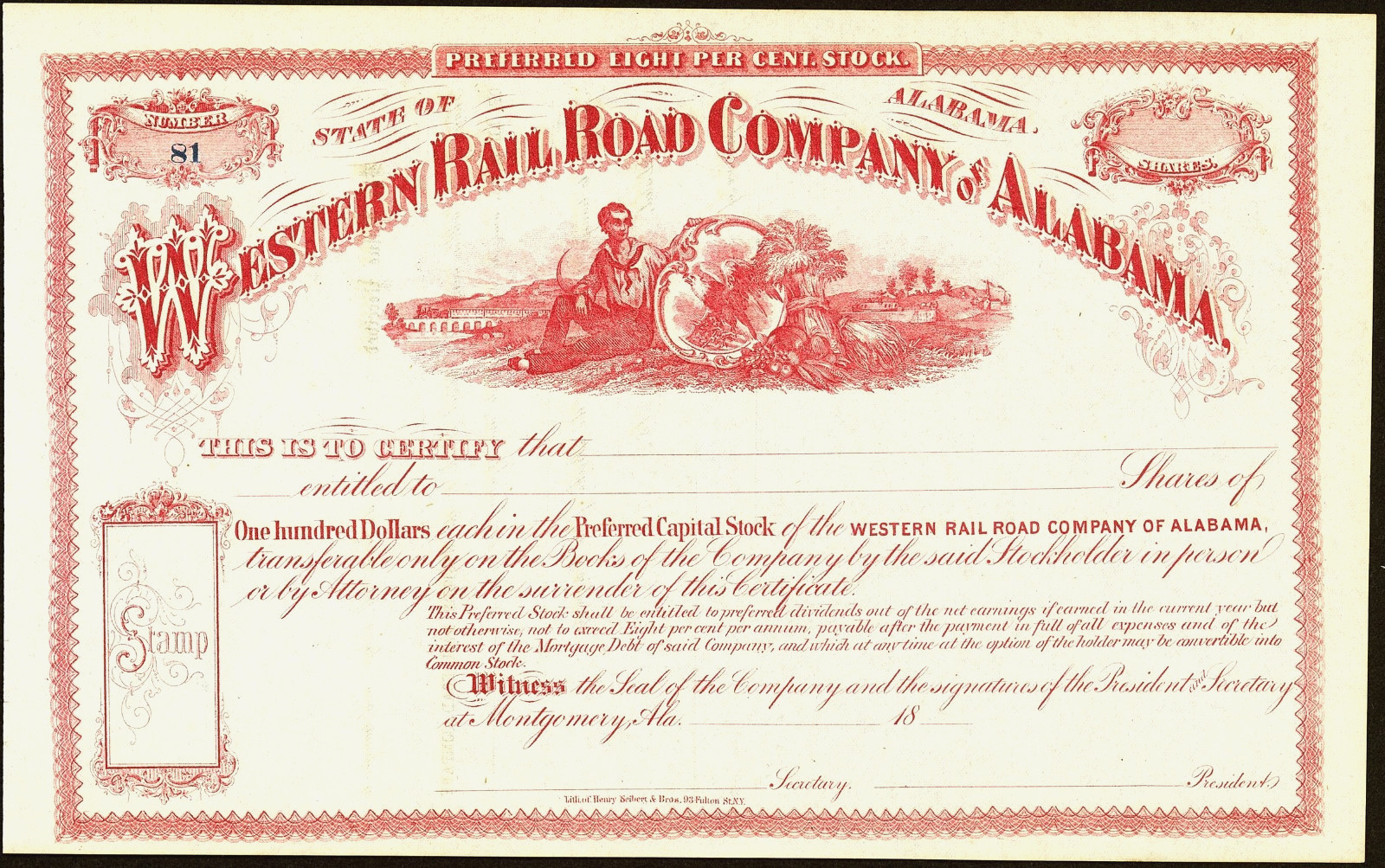 AL $100 Alabama Western Rail Road Co Preferred 8% Stock Certificate 1875 - 1885