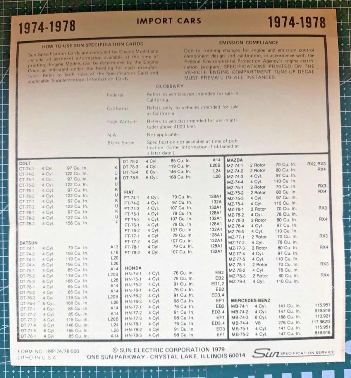 Vintage Sun Specification Service Cards 1974-1978 - IMPORT CARS - Complete Set