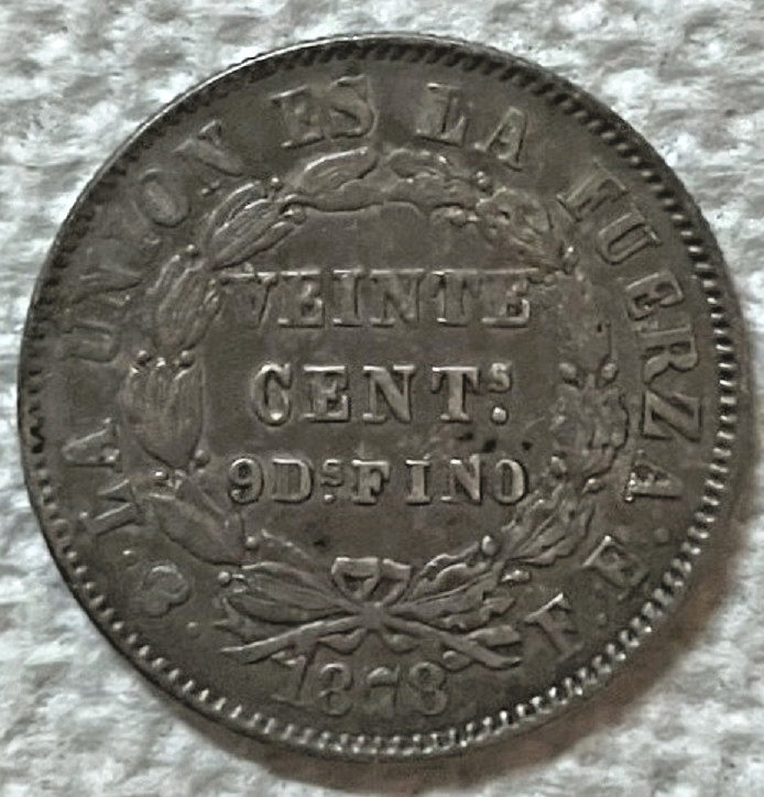 1878 PTS FE BOLIVIA - 20 CENTAVOS -  .900 SILVER - HIGH GRADE - KM# 159.1