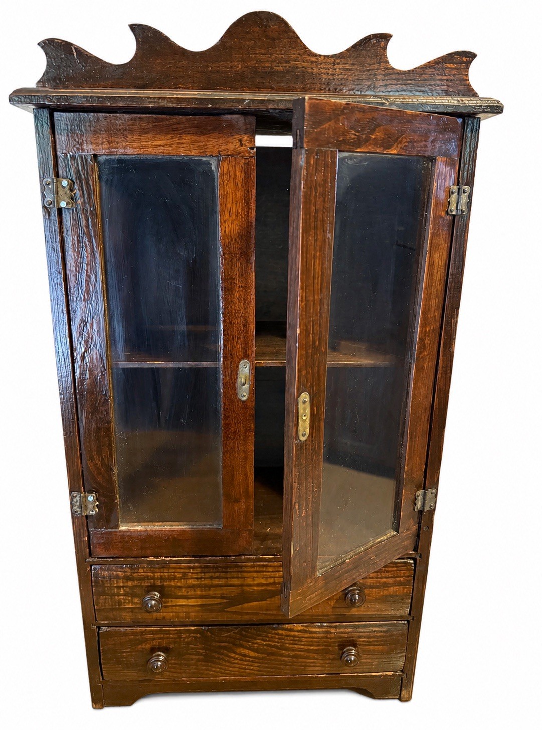 Antique Child’s Toy China Cabinet 22”x 12”x6.25” W/ Drawers & Glass Doors
