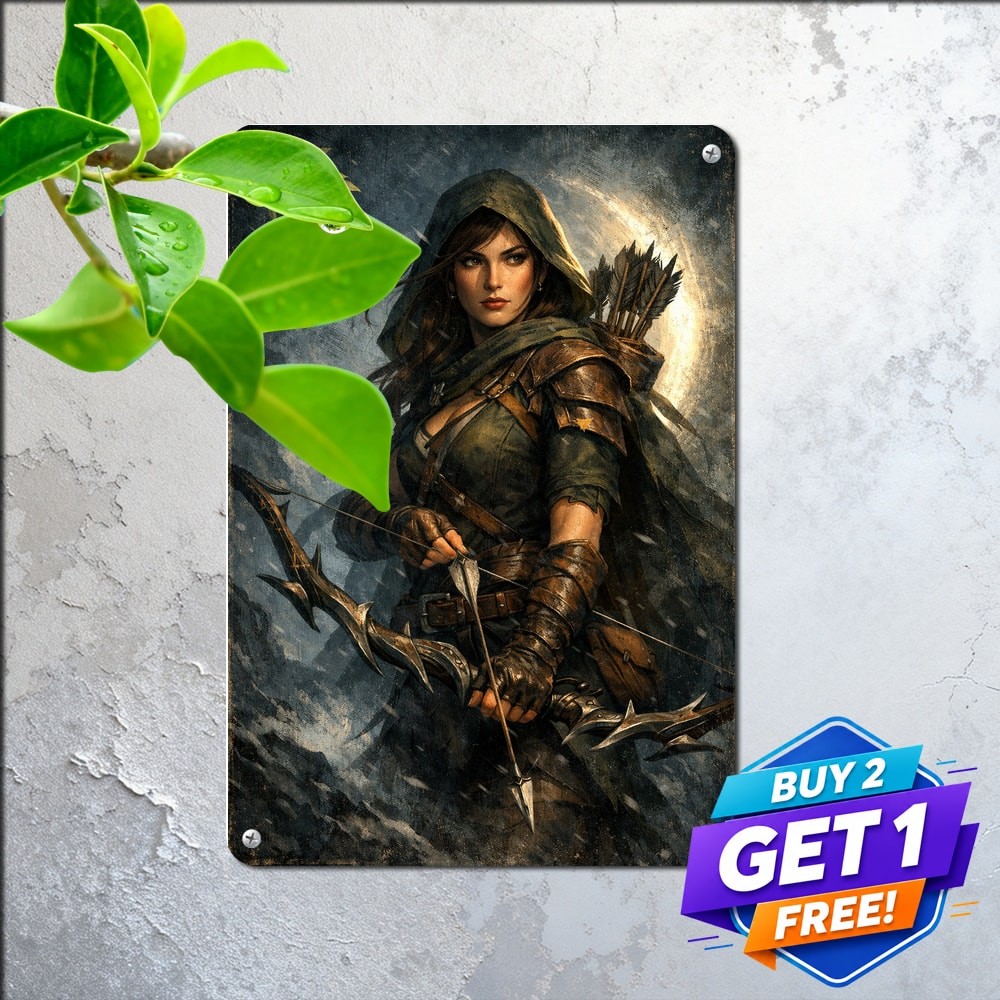 Stunning Female Archer With Long Bow Fantasy Tin Sign Home Wall Art Plaque