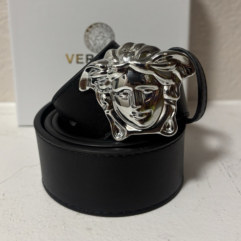 Versace Men\'s Black Dress Belt Silver Medusa Buckle size 36