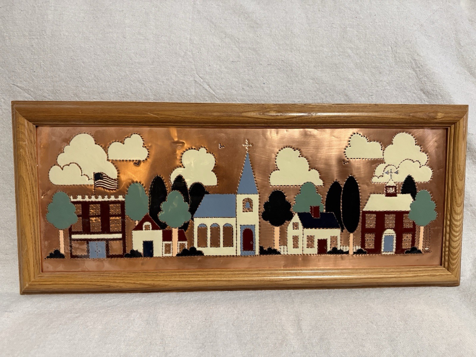 Vintage Handmade & Painted Punched Copper Town Square Folk Art Wall Art Vintage Handmade & Painted Punched Copper Town Square Folk Art Wall Art