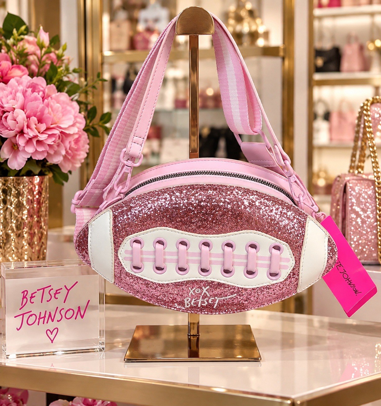Betsey Johnson Pink Glitter Football-Shaped Crossbody Bag