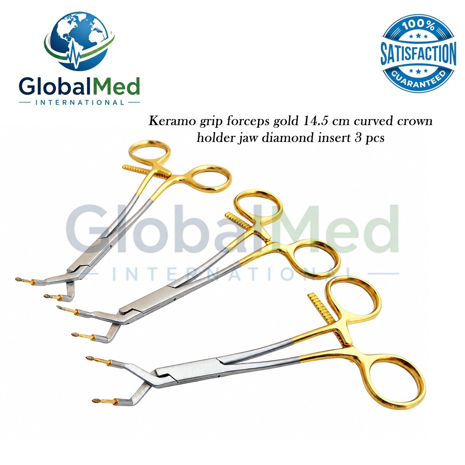 Keramo Grip Forceps Gold 14.5 cm Curved Crown Holder Jaw Diamond Insert 3 Pcs