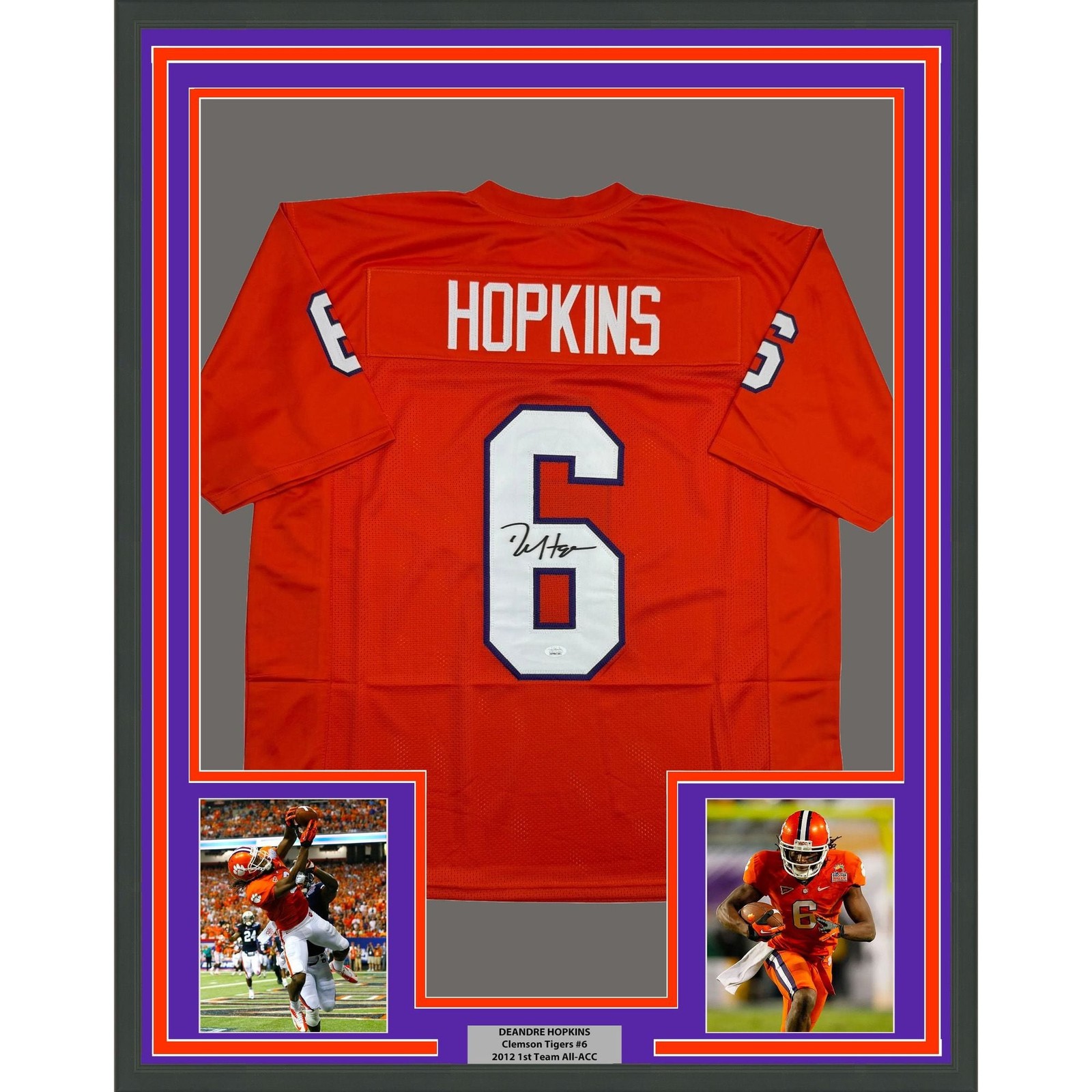 Framed Autographed/Signed DeAndre Hopkins 35x39 Clemson Jersey JSA COA