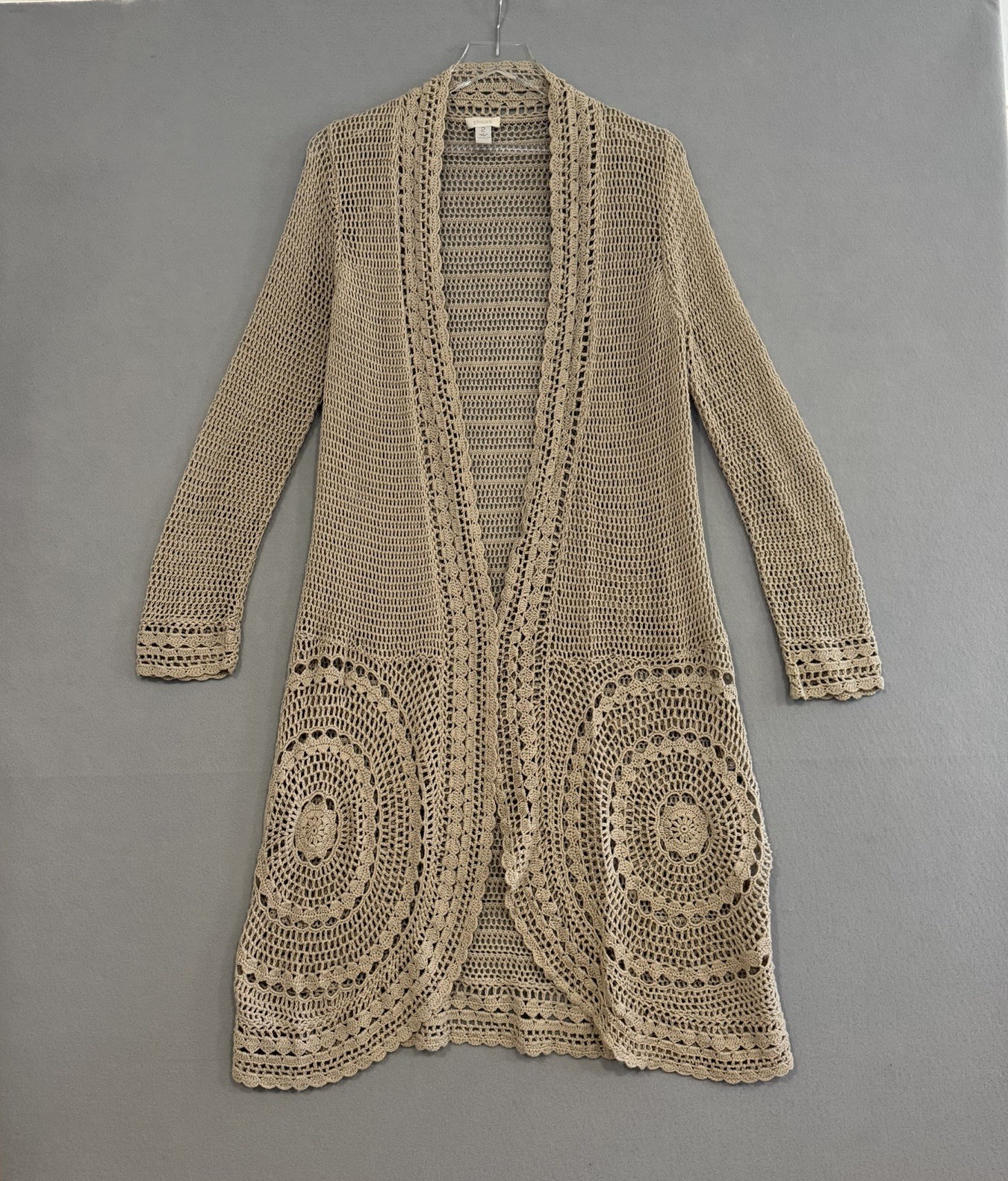 Chico’s Crochet Cardigan Duster Women’s 2/Large Beige Boho Coastal Cottagecore
