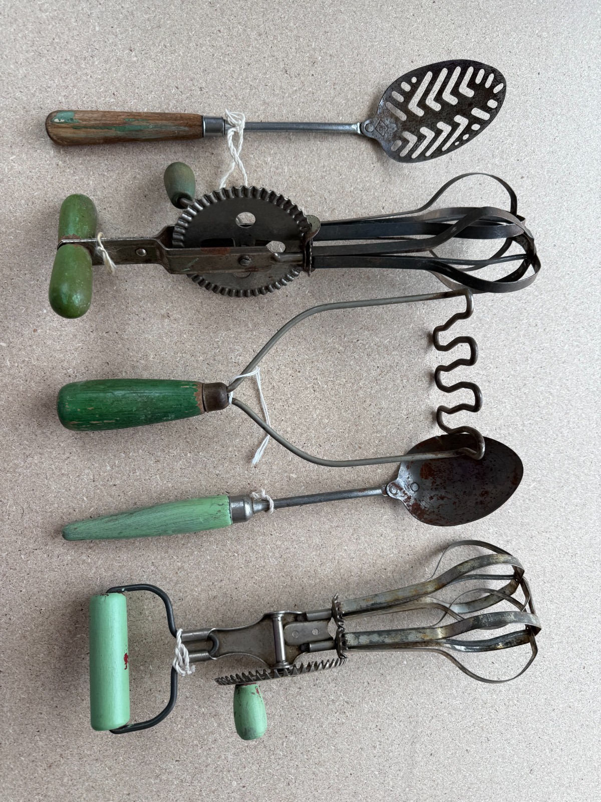 LOT-18 PC  c1930\'s Kitchen Tools Green Wood Handles  AMERICA DEPRESSION ERA