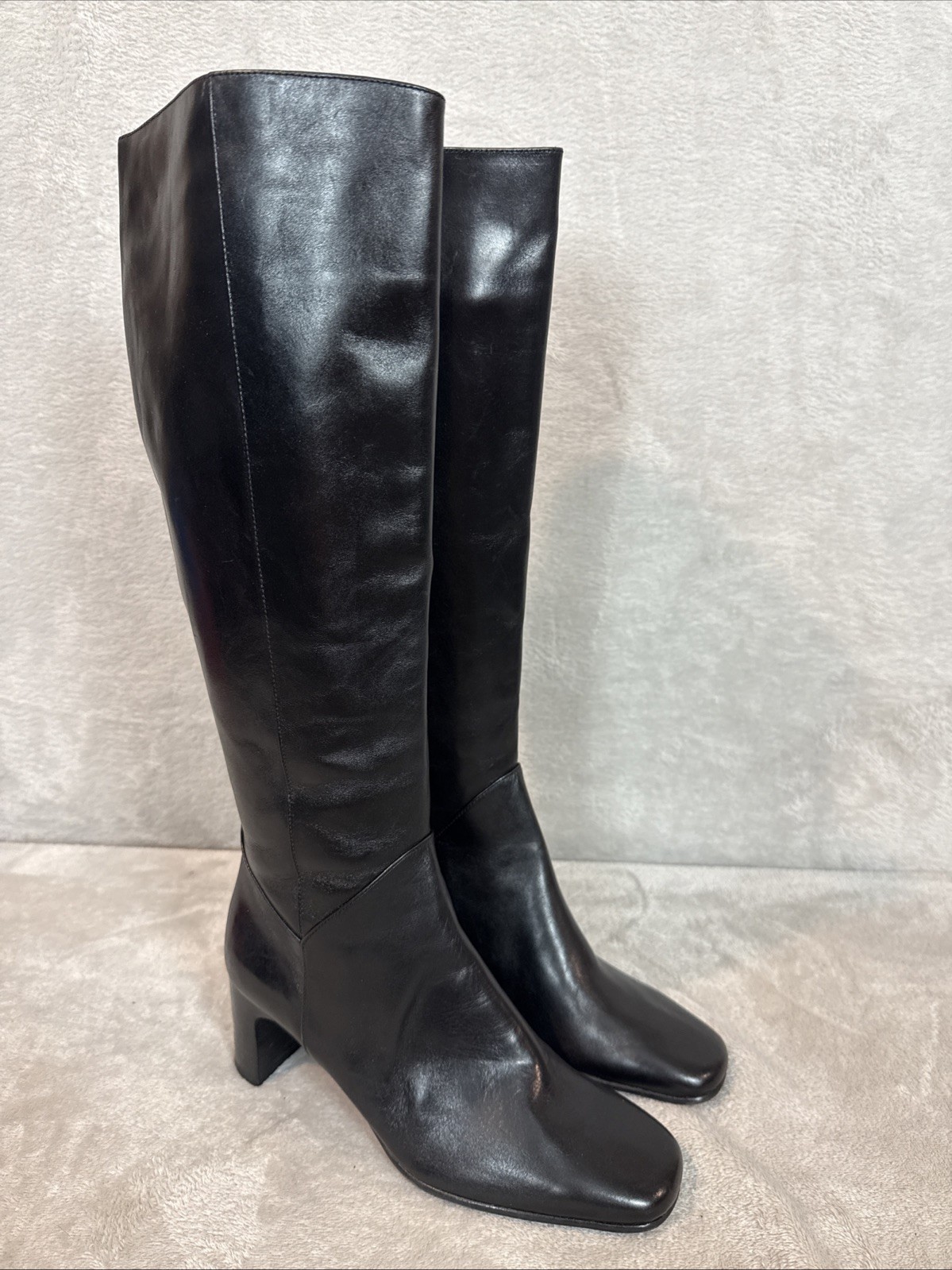 Vintage Van Eli Black Zip Leather Square Toe Heeled Tall Boot Smooth Structured