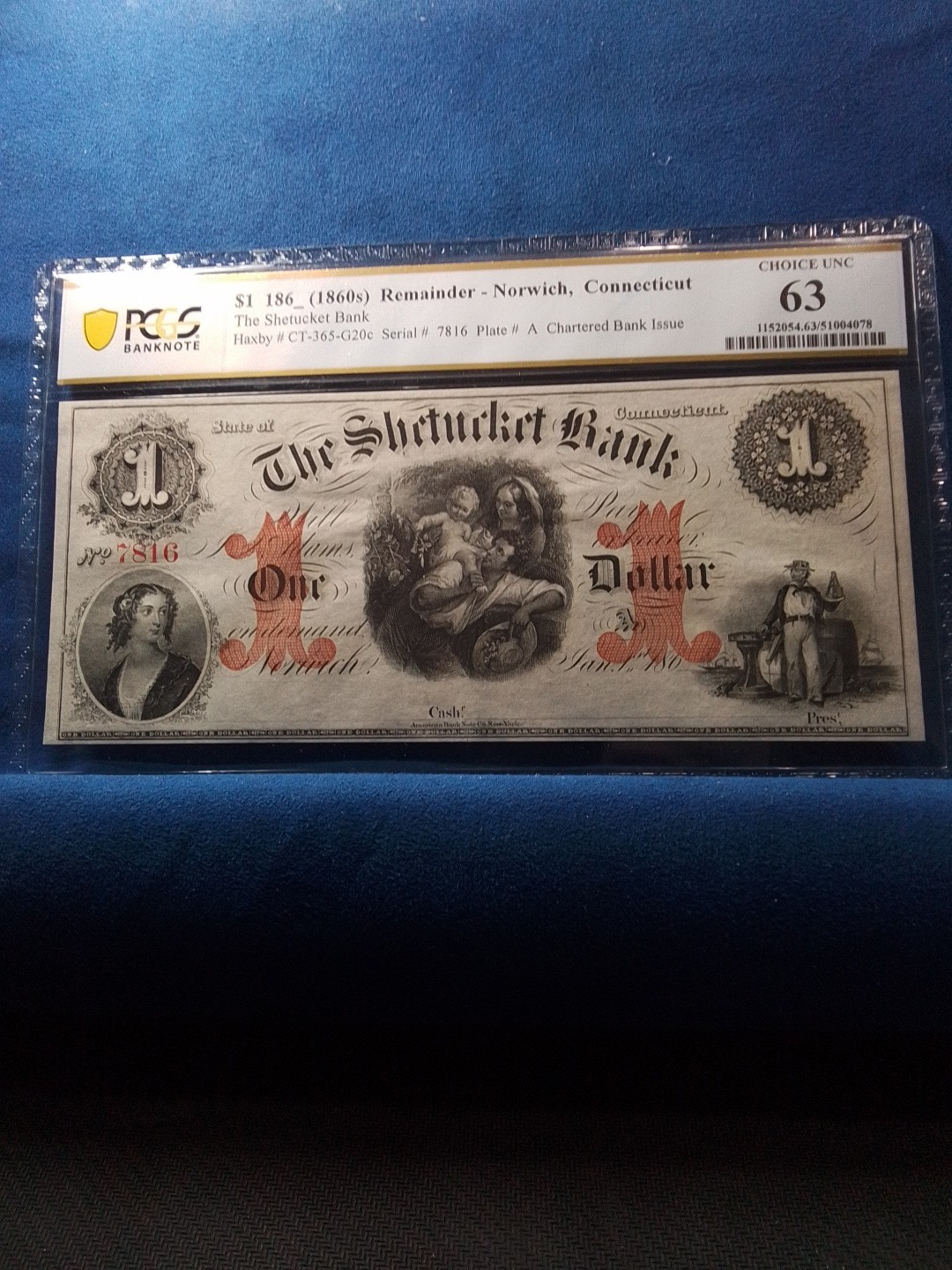 $1 (1860s) Remainder- Norwich, Connecticut, The Shetucket Bank PCGS CERTIFIED...