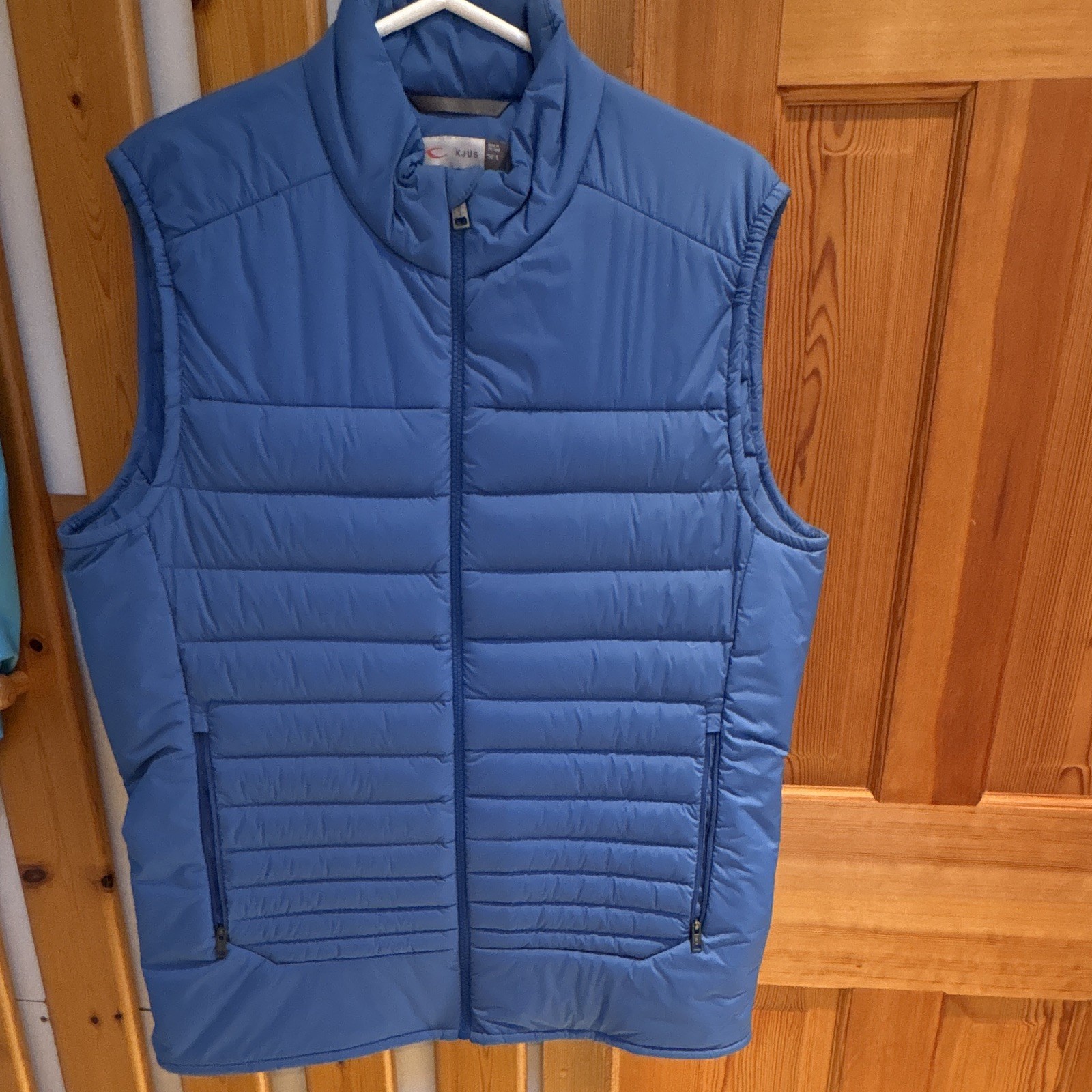 KJUS Men\'s Blue Down Insulated Puffer Vest, Full Zip, Stand-Up Collar, L