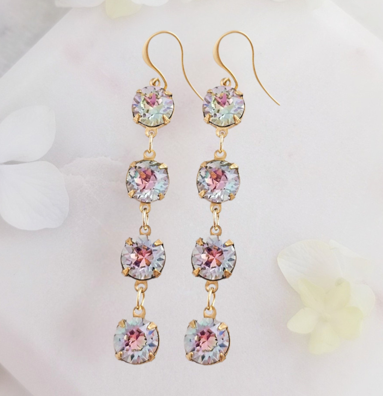 Long Iridescent Gold-Plated Earrings made with Vintage Swarovski Crystals