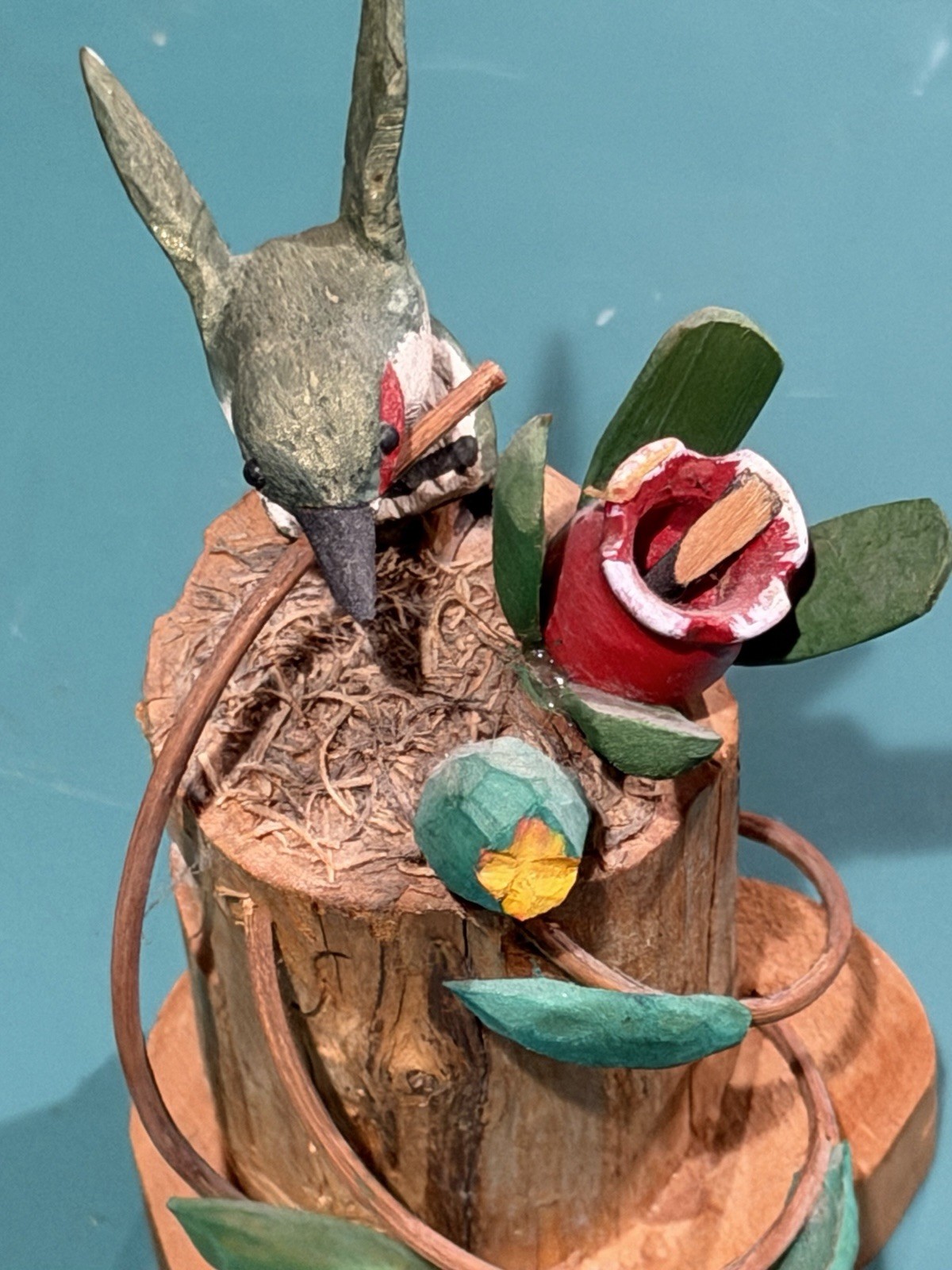 Vintage Hand-Carved & Hand-Painted Folk Art Bird & Flower Sculpture – Signed Vintage Hand-Carved & Hand-Painted Folk Art Bird & Flower Sculpture – Signed