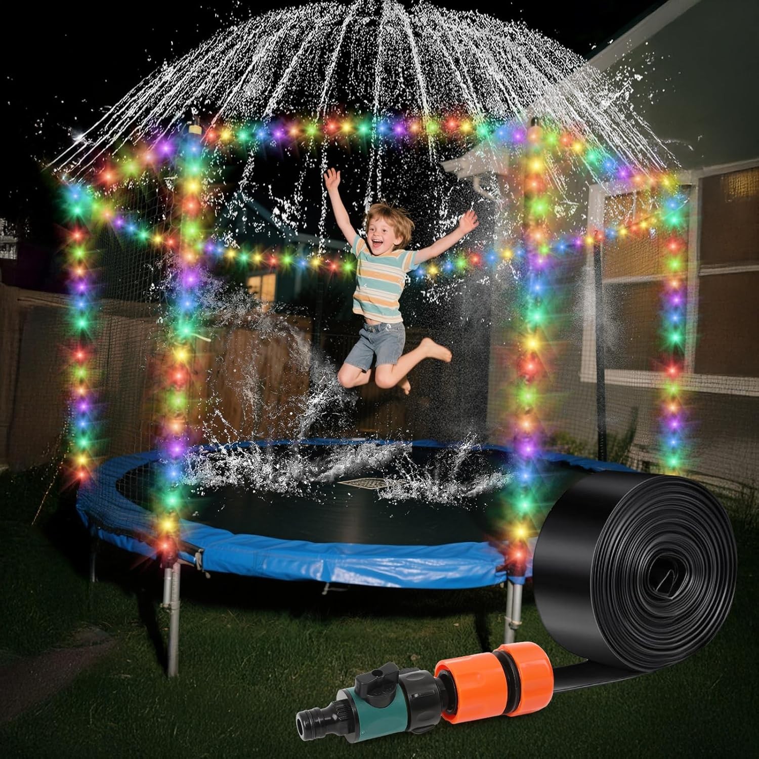 Trampoline Sprinkler with Lights - Trampoline Lights & Water Sprinkler, 16 Color