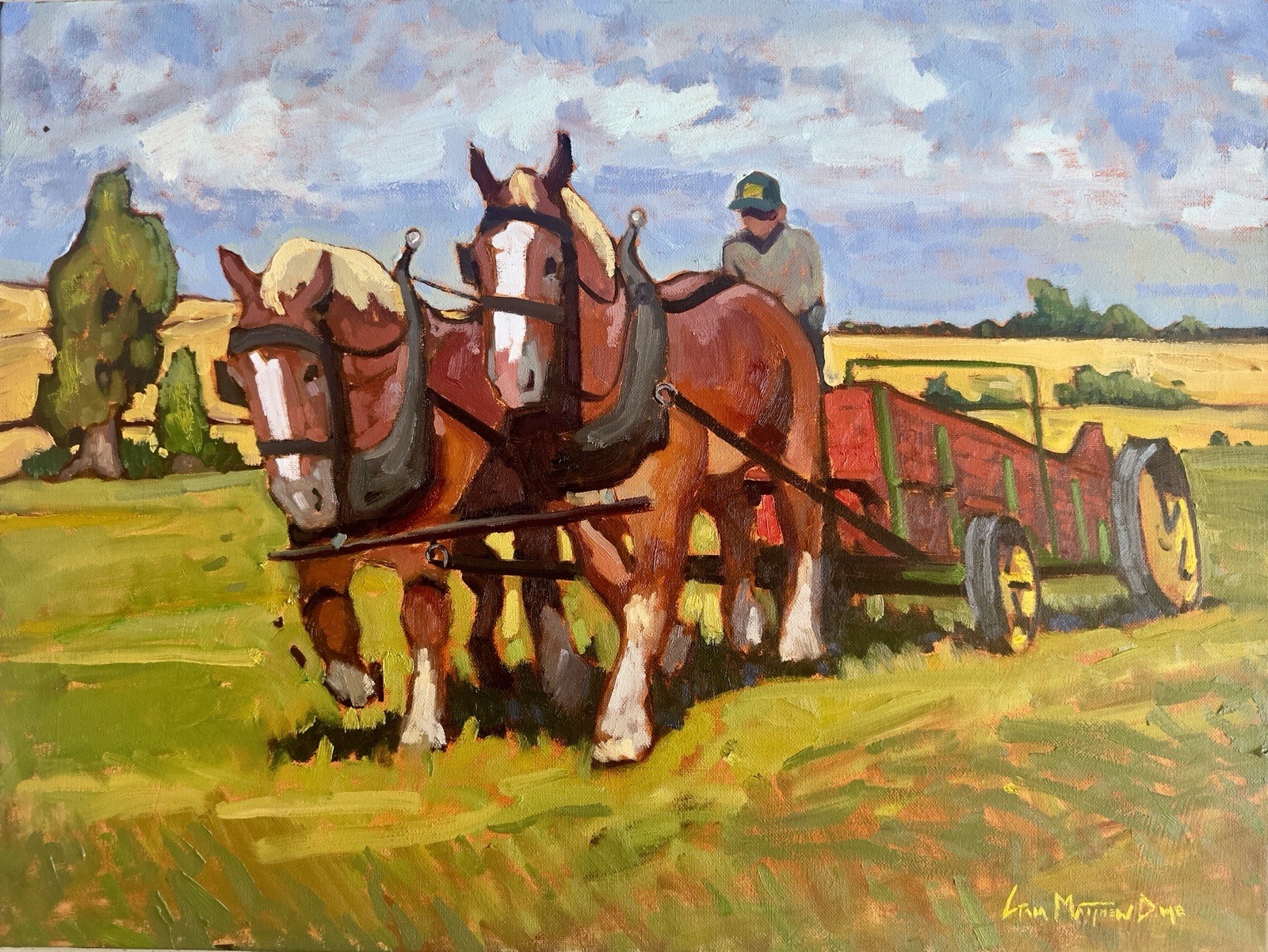 Original Painting Draft Horses Farming Wheat Field Signed 18x24 Western Art