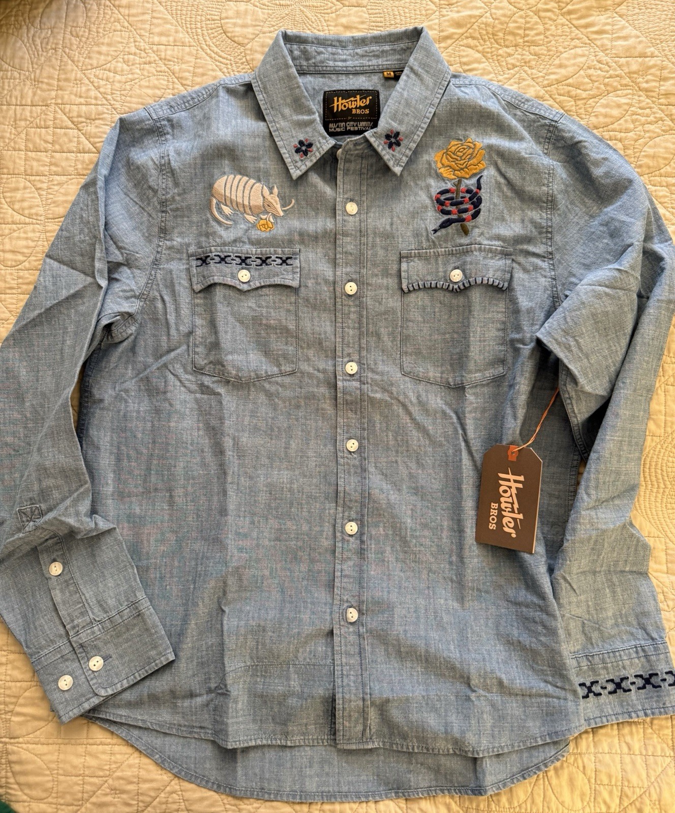 NWT Howler Bros ACL Chambray Embroidered Pocket Long Sleeve Button-Up M