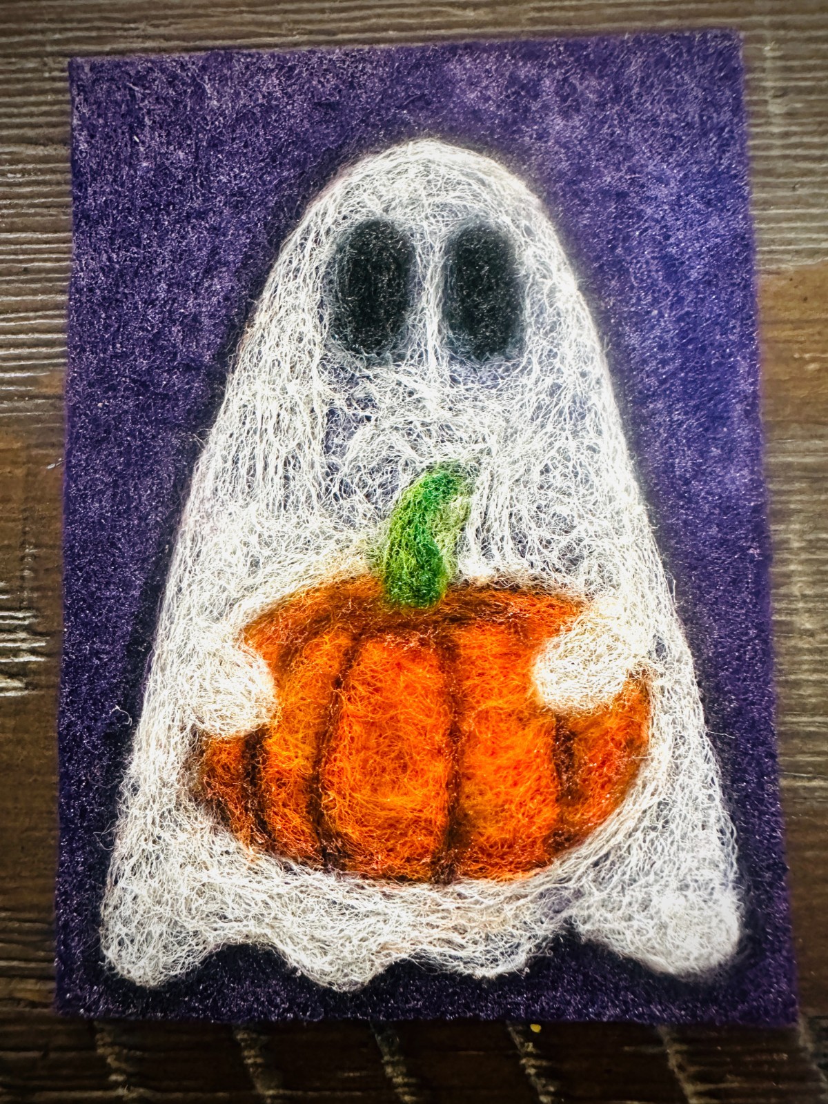 ACEO Original  Needle Felting #6 Ghost w/Pumpkin  2.5 X 3.5
