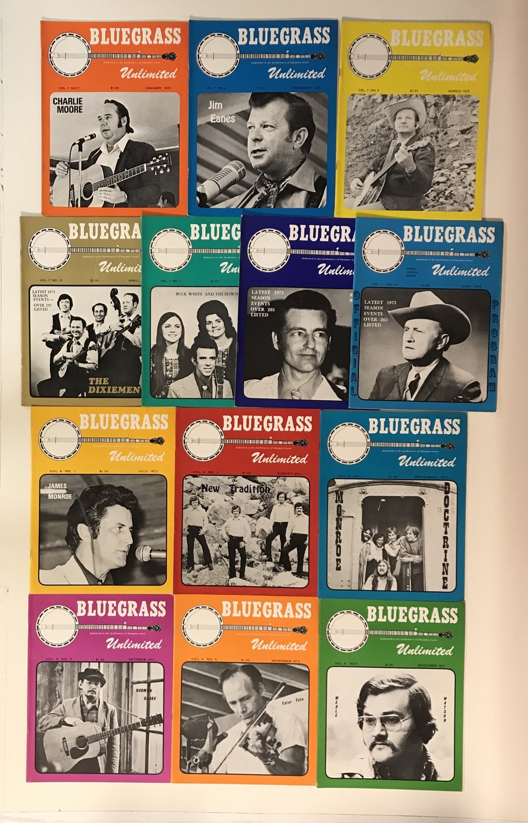 BLUEGRASS UNLIMITED magazine 1973 Complete Year 13 issue lot-BONUS June Program