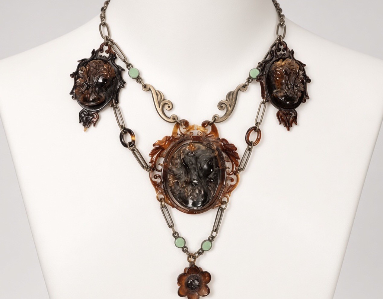 Rare Antique 1890-1915 Victorian Celluloid Triptych Cameo Festoon Necklace 24gm