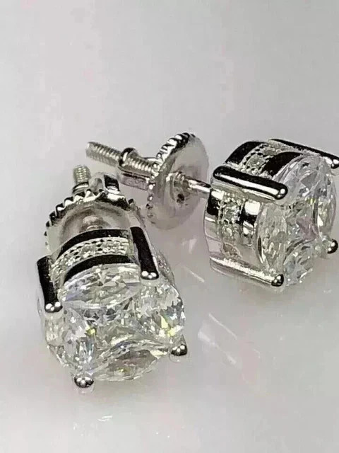 3Ct Round Cut Real Moissanite Men\'s Stud Earrings 14K White Gold Silver Plated