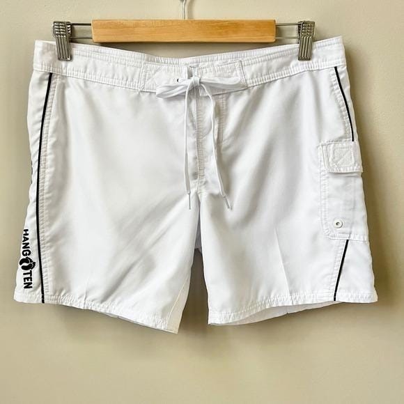 Vintage Y2K Hang Ten Board Shorts Junior\'s 7 White Navy Blue Surf Beach Sporty