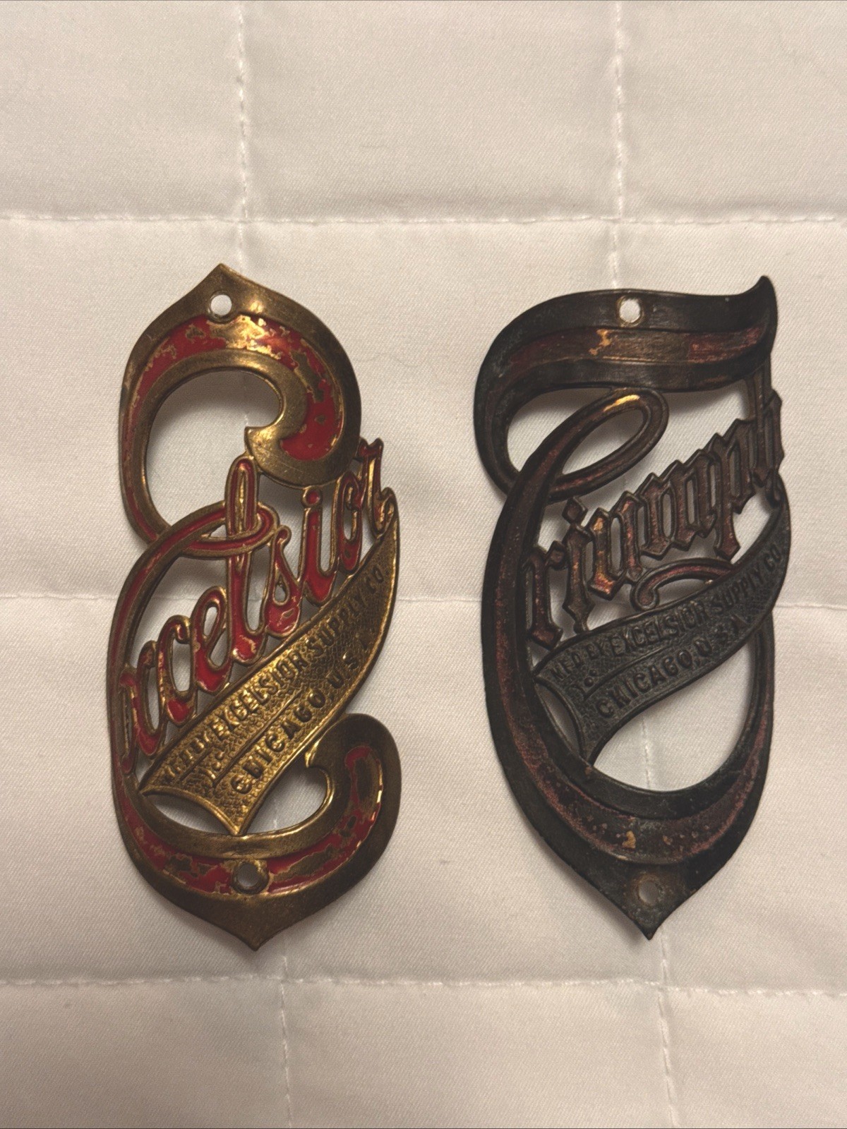 Excelsior & Triumph Bicycle Head Badges. Excelsior Supply Co. Chicago, Illinois