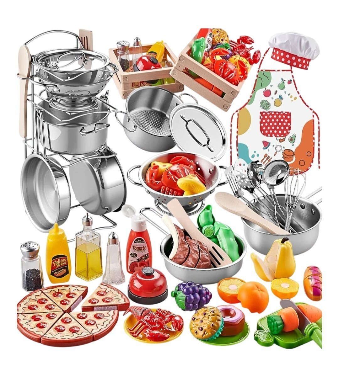 Shimirth 63-Piece Stainless Steel Kids Cooking Set w/ Play Food Chef Apron