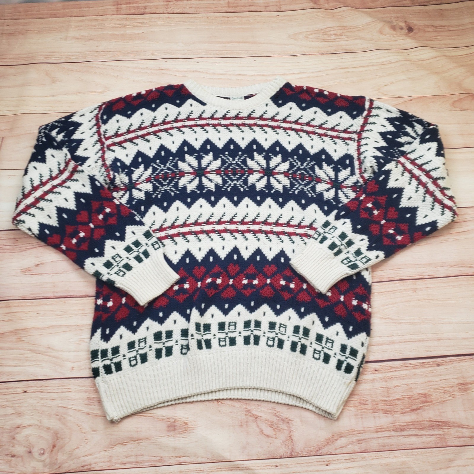 Vintage GreatLand Sweater Mens L Red White Fair Isle Snowflake Cotton Crewneck