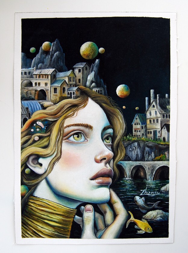 Original oil painting Fantasy Art surreal Woman portrait fantasy landscape