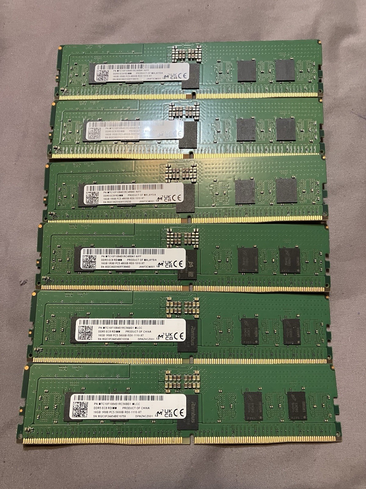 16GB 1RX8 PC5-5600B-RD0-1110-XT & 16GB 1RX8 PC5-4800-RD0-1010-XT. Lot Of 6.